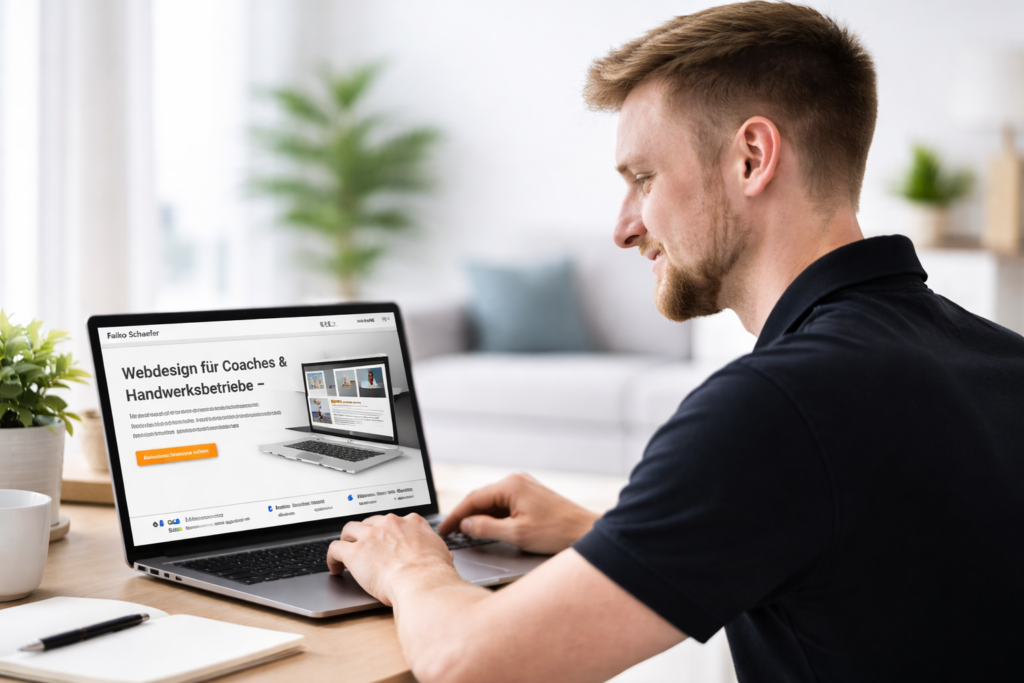 Selbstständiger Webdesigner erstellt moderne Website am Laptop